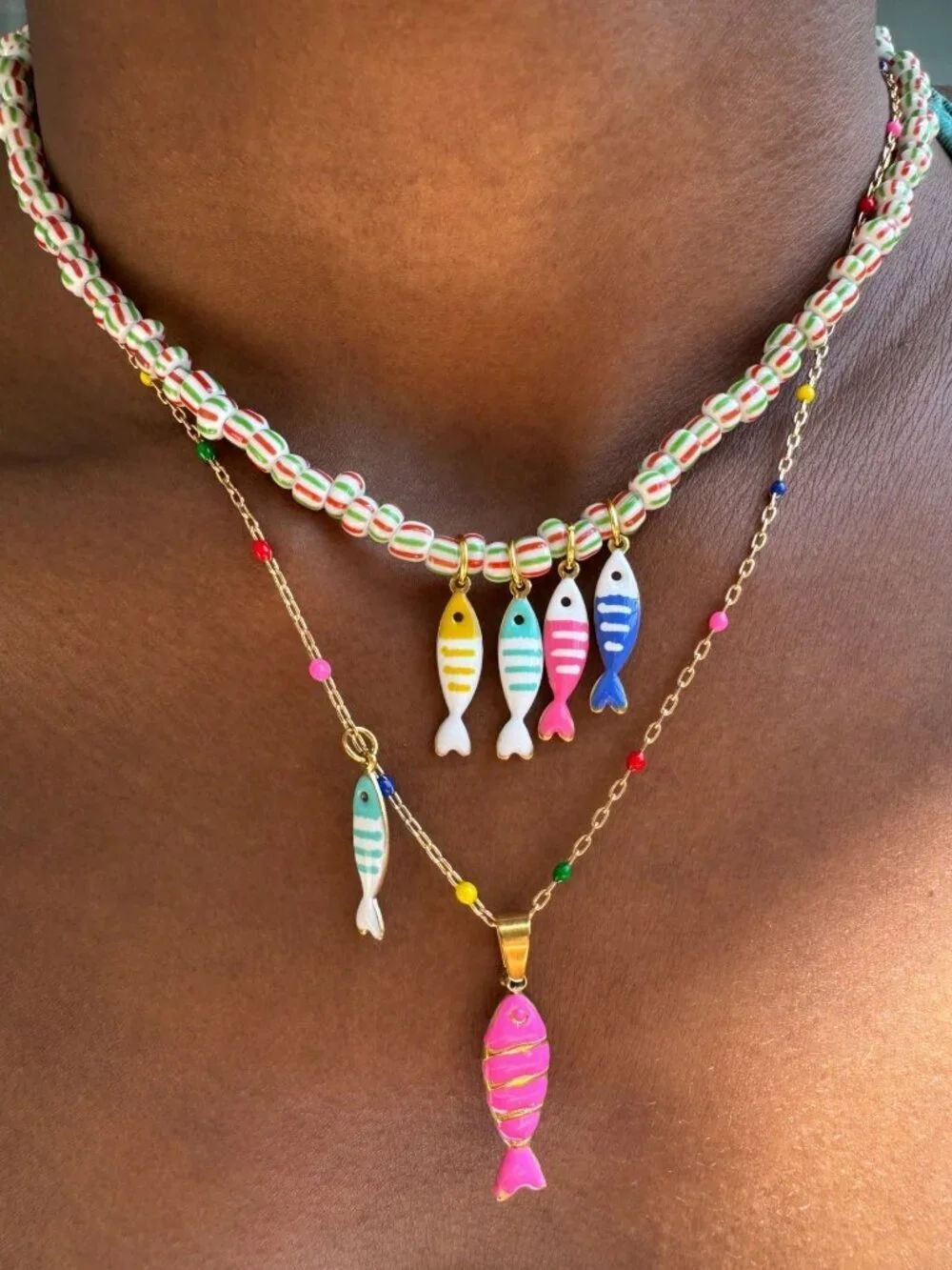 Boho Women's Colorful Fish Pendant Beaded  Chain Necklace